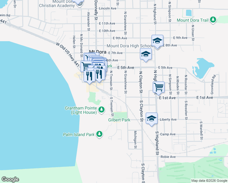 map of restaurants, bars, coffee shops, grocery stores, and more near 110 North Tremain Street in Mount Dora