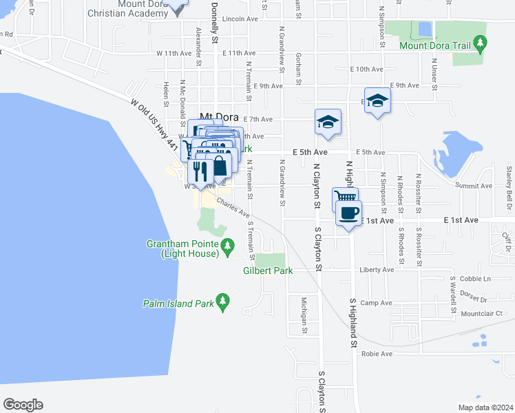 map of restaurants, bars, coffee shops, grocery stores, and more near 110 North Tremain Street in Mount Dora