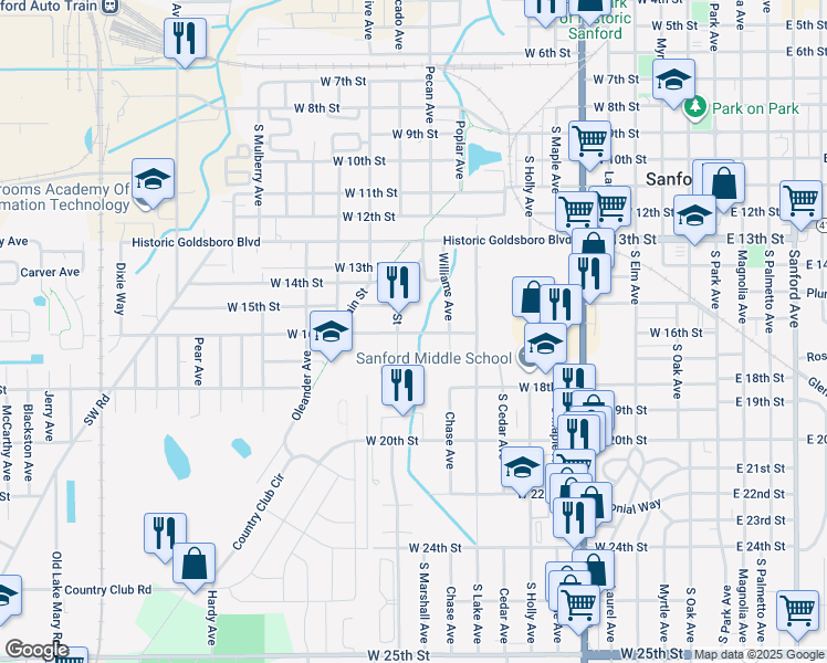 map of restaurants, bars, coffee shops, grocery stores, and more near 1106 West 16th Street in Sanford
