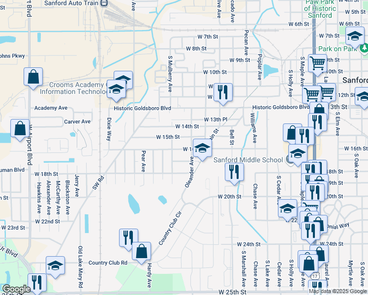 map of restaurants, bars, coffee shops, grocery stores, and more near 1600 West 17th Street in Sanford