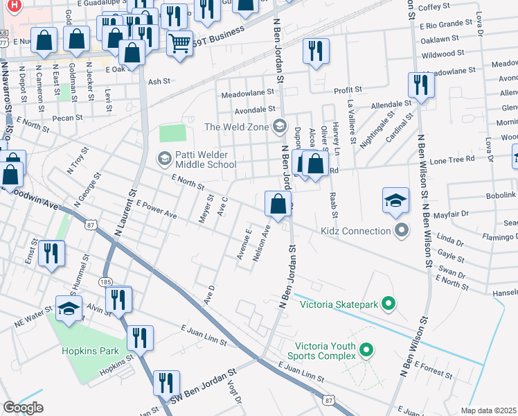 map of restaurants, bars, coffee shops, grocery stores, and more near 2202 East Stayton Avenue in Victoria