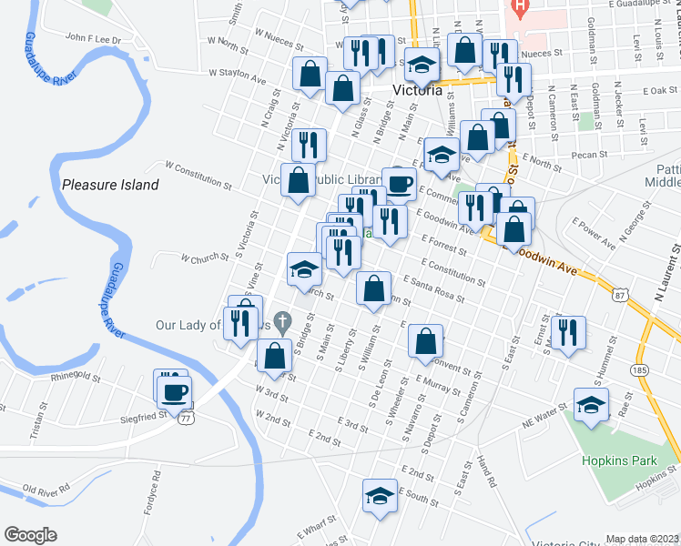 map of restaurants, bars, coffee shops, grocery stores, and more near 110 West Juan Linn Street in Victoria