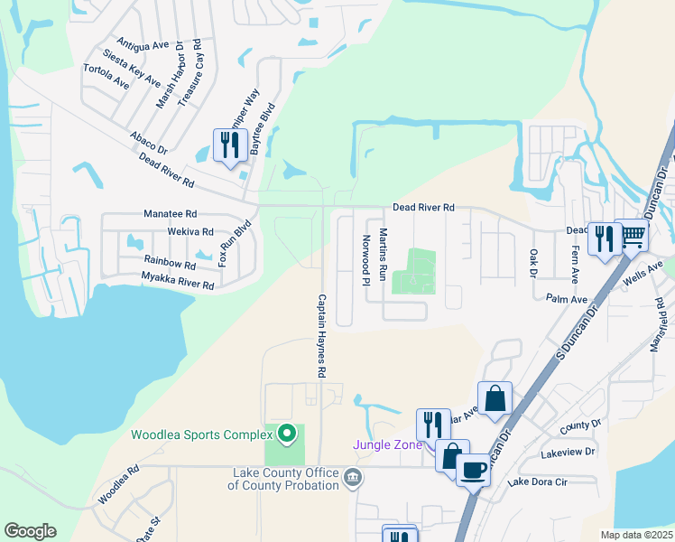 map of restaurants, bars, coffee shops, grocery stores, and more near 624 West Rosewood Lane in Tavares