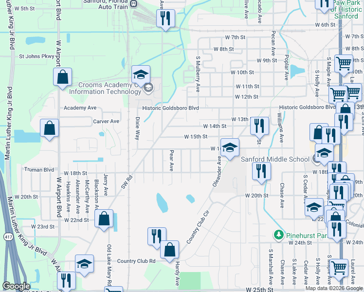 map of restaurants, bars, coffee shops, grocery stores, and more near 1712 West 15th Street in Sanford