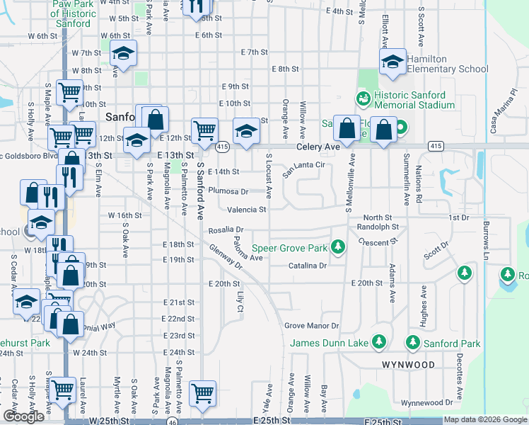 map of restaurants, bars, coffee shops, grocery stores, and more near 553 Plumosa Drive in Sanford