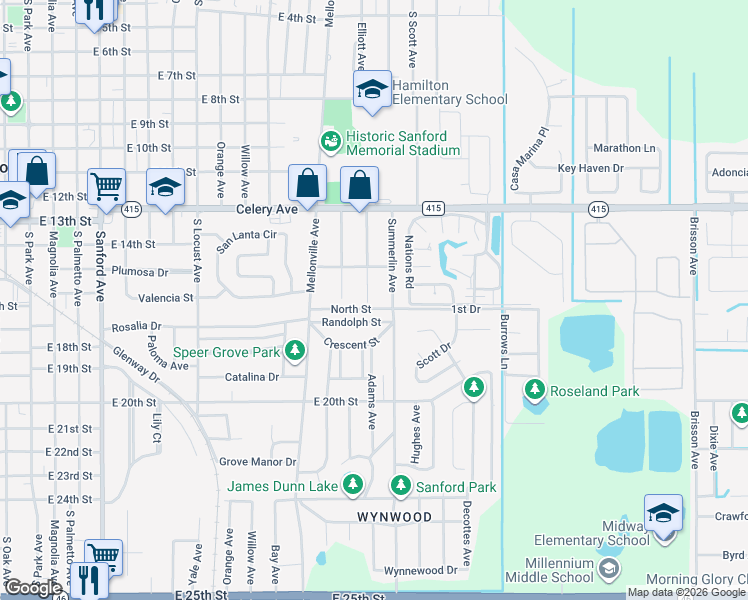 map of restaurants, bars, coffee shops, grocery stores, and more near 1508 South Elliott Street in Sanford