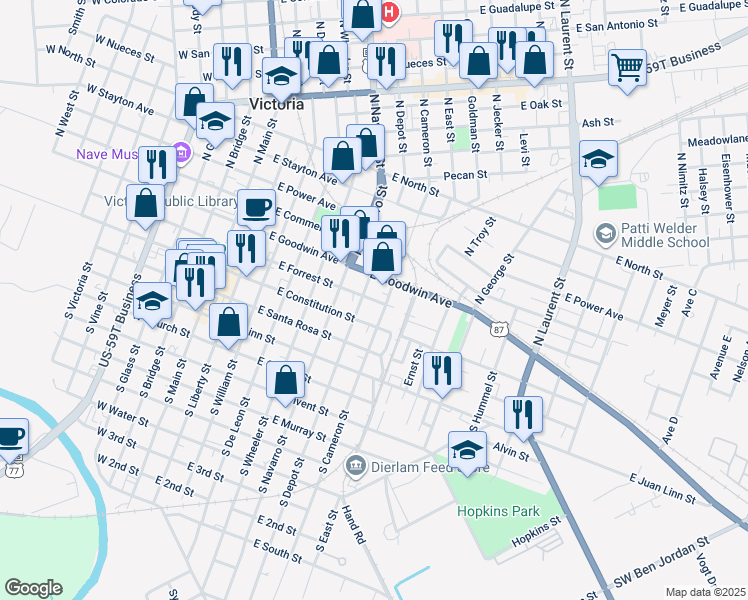 map of restaurants, bars, coffee shops, grocery stores, and more near 705 East Goodwin Avenue in Victoria