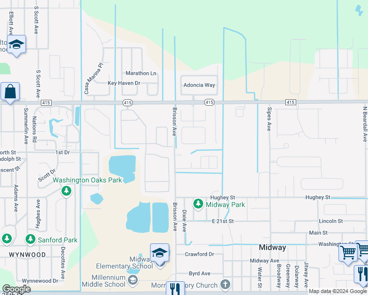 map of restaurants, bars, coffee shops, grocery stores, and more near 2564 Vineyard Circle in Sanford