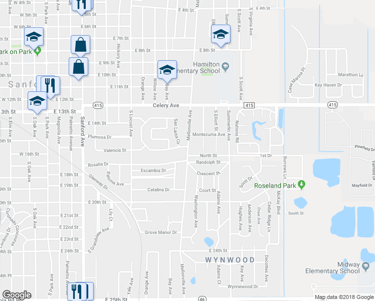 map of restaurants, bars, coffee shops, grocery stores, and more near 1698 Mellonville Avenue in Sanford
