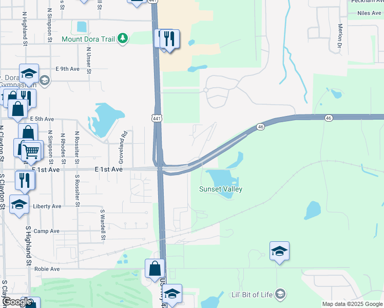 map of restaurants, bars, coffee shops, grocery stores, and more near 155 Veranda Way in Mount Dora