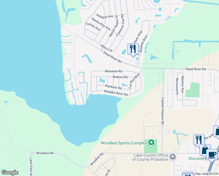 map of restaurants, bars, coffee shops, grocery stores, and more near 468 King Way in Tavares