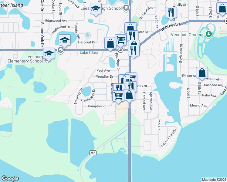 map of restaurants, bars, coffee shops, grocery stores, and more near 1304 Berwick Drive in Leesburg