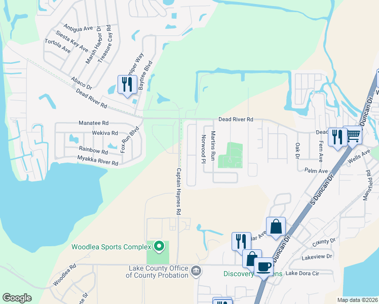 map of restaurants, bars, coffee shops, grocery stores, and more near 551 West Rosewood Lane in Tavares