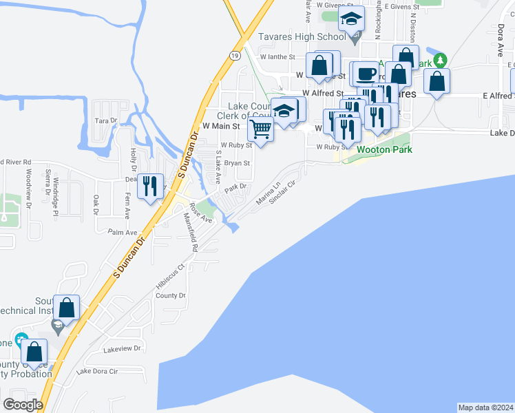 map of restaurants, bars, coffee shops, grocery stores, and more near 646 Sinclair Circle in Tavares