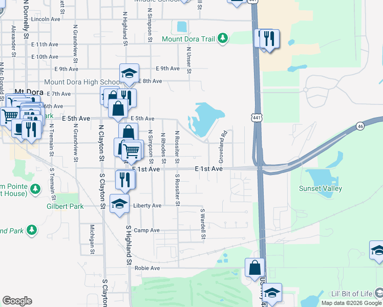 map of restaurants, bars, coffee shops, grocery stores, and more near 1397 East 2nd Avenue in Mount Dora