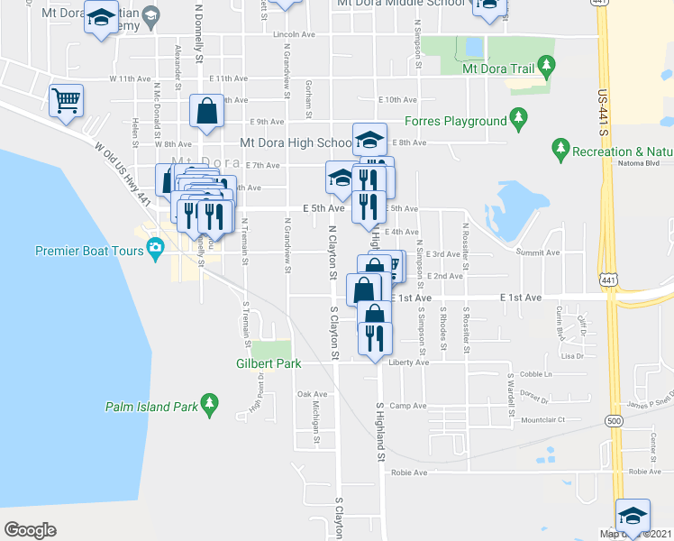 map of restaurants, bars, coffee shops, grocery stores, and more near 204 North Clayton Street in Mount Dora