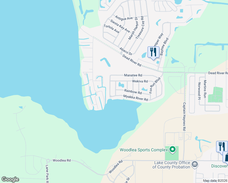 map of restaurants, bars, coffee shops, grocery stores, and more near 3550 Manatee Road in Tavares