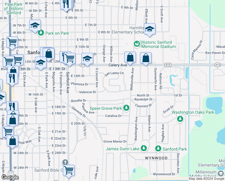 map of restaurants, bars, coffee shops, grocery stores, and more near 320 San Lanta Circle in Sanford
