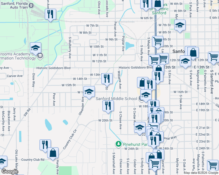 map of restaurants, bars, coffee shops, grocery stores, and more near 1504 South Bell Avenue in Sanford