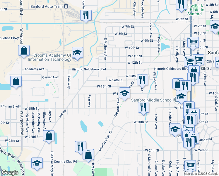 map of restaurants, bars, coffee shops, grocery stores, and more near 1603 West 15th Street in Sanford