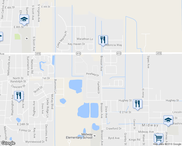 map of restaurants, bars, coffee shops, grocery stores, and more near 246 Fairfield Drive in Sanford