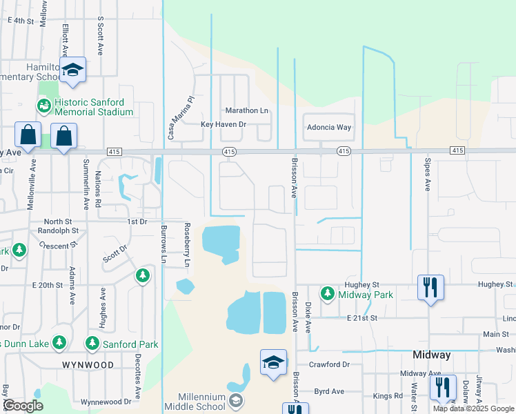 map of restaurants, bars, coffee shops, grocery stores, and more near 246 Fairfield Drive in Sanford