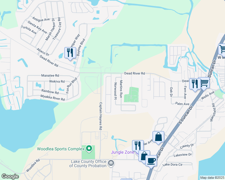 map of restaurants, bars, coffee shops, grocery stores, and more near 460 East Rosewood Lane in Tavares