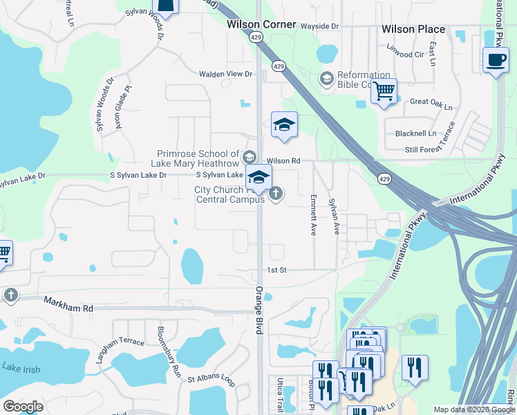 map of restaurants, bars, coffee shops, grocery stores, and more near 1690 State Highway 431 in Sanford