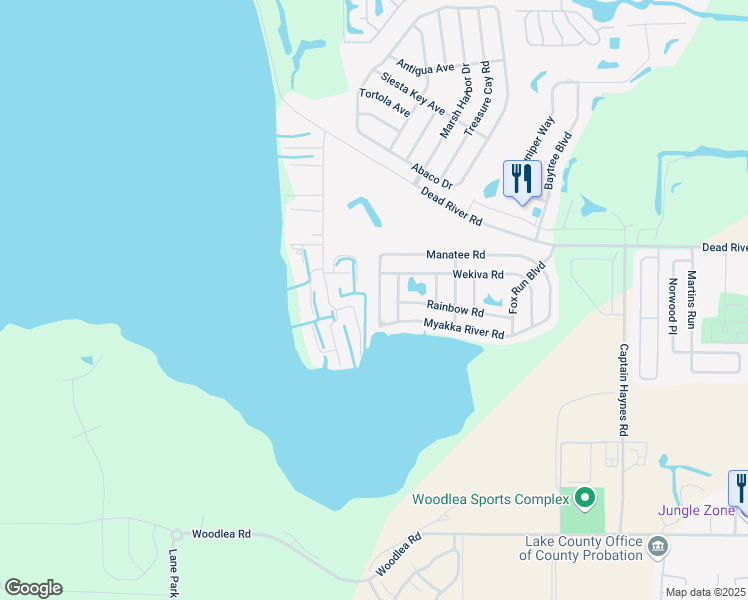 map of restaurants, bars, coffee shops, grocery stores, and more near 3550 Manatee Road in Tavares