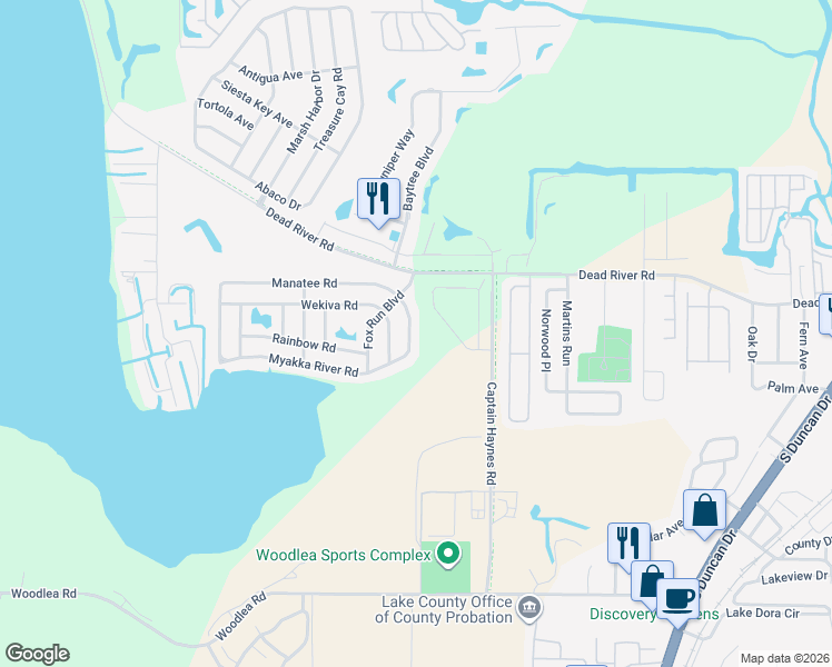 map of restaurants, bars, coffee shops, grocery stores, and more near 2824 Manatee Road in Tavares