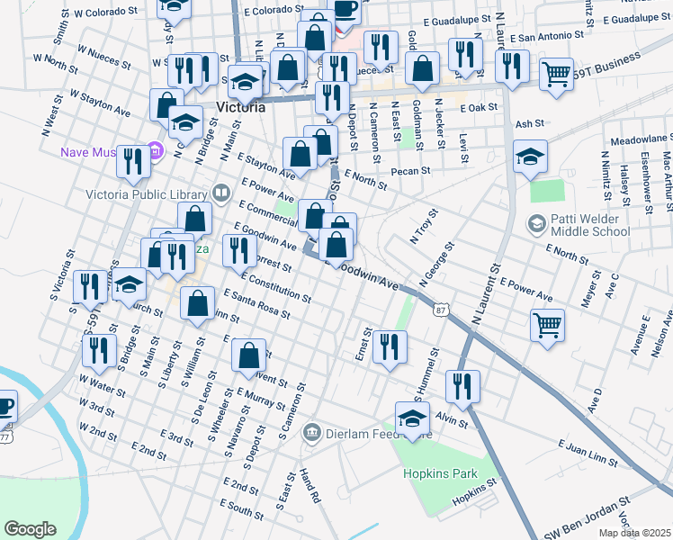map of restaurants, bars, coffee shops, grocery stores, and more near 705 East Goodwin Avenue in Victoria