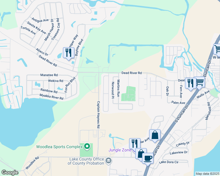 map of restaurants, bars, coffee shops, grocery stores, and more near 459 East Rosewood Lane in Tavares