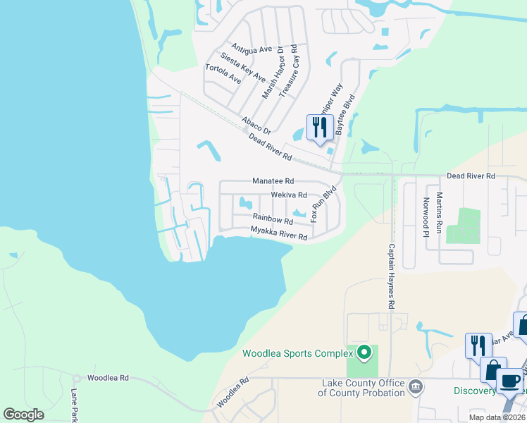 map of restaurants, bars, coffee shops, grocery stores, and more near 468 King Way in Tavares