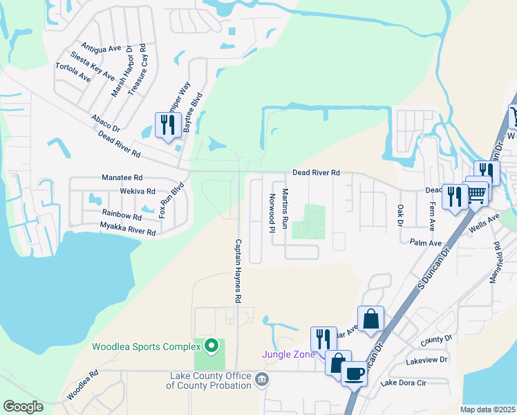 map of restaurants, bars, coffee shops, grocery stores, and more near 460 East Rosewood Lane in Tavares