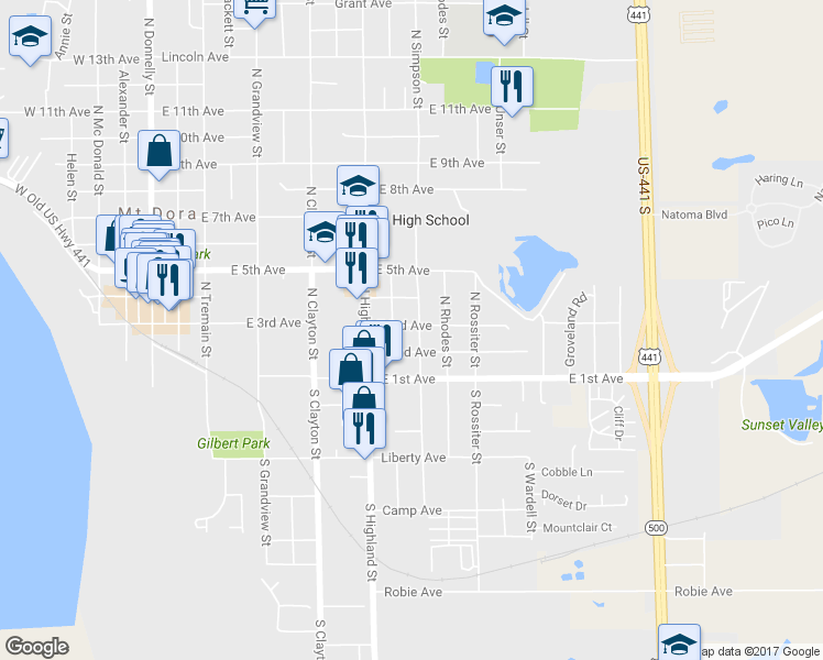 map of restaurants, bars, coffee shops, grocery stores, and more near 251 North Simpson Street in Mount Dora