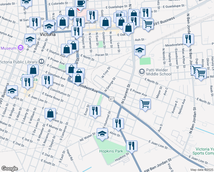 map of restaurants, bars, coffee shops, grocery stores, and more near 401 North George Street in Victoria