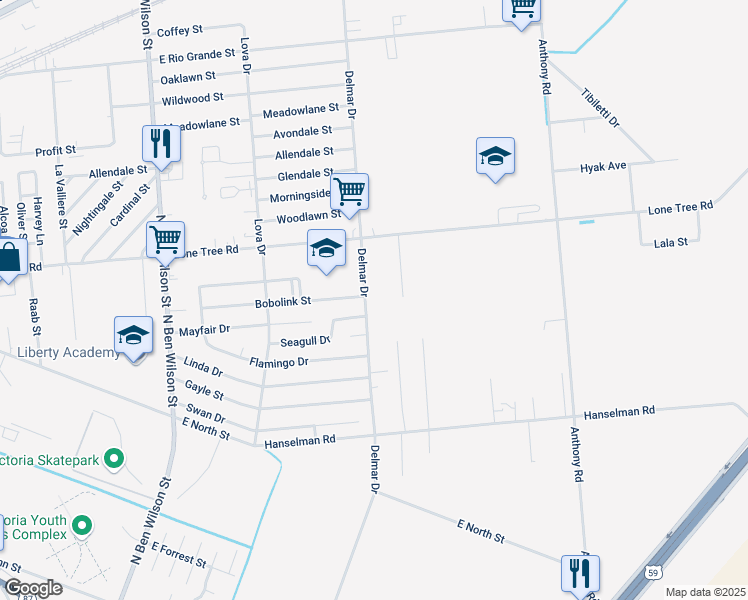 map of restaurants, bars, coffee shops, grocery stores, and more near 1508 Delmar Drive in Victoria