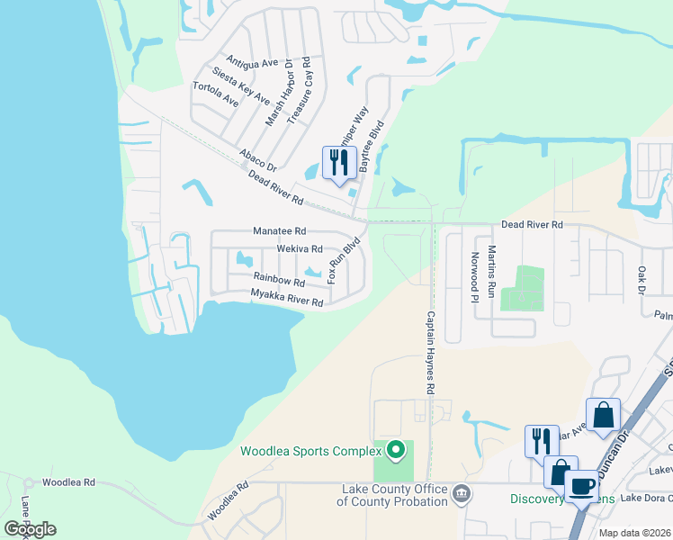 map of restaurants, bars, coffee shops, grocery stores, and more near 455 Fox Run Boulevard in Tavares