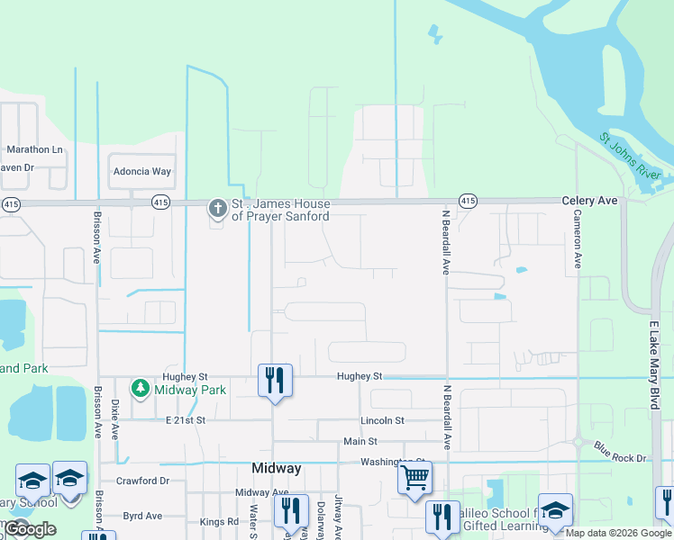 map of restaurants, bars, coffee shops, grocery stores, and more near 1460 Hopedale Place in Sanford