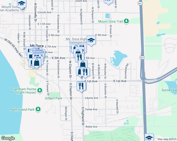 map of restaurants, bars, coffee shops, grocery stores, and more near 251 North Simpson Street in Mount Dora