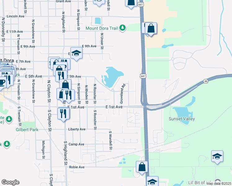 map of restaurants, bars, coffee shops, grocery stores, and more near 198 North Lake Franklin Drive in Mount Dora