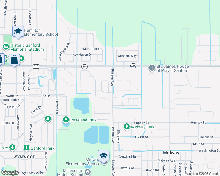 map of restaurants, bars, coffee shops, grocery stores, and more near 150 Wheatfield Circle in Sanford