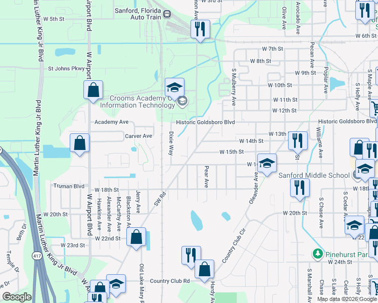 map of restaurants, bars, coffee shops, grocery stores, and more near 1435 Roosevelt Avenue in Sanford