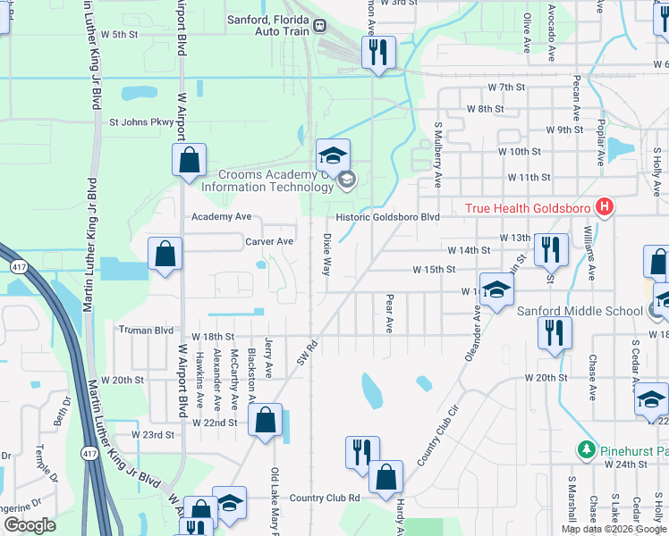 map of restaurants, bars, coffee shops, grocery stores, and more near 1411 Dixie Way in Sanford