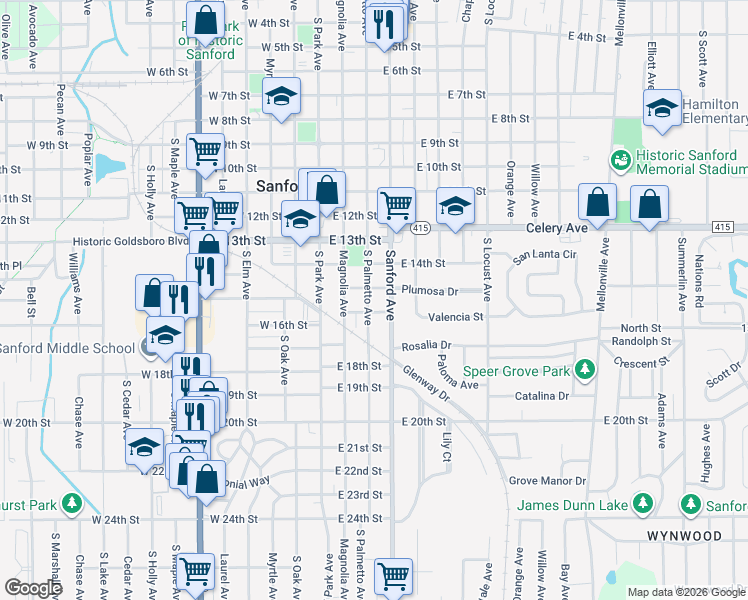 map of restaurants, bars, coffee shops, grocery stores, and more near 1509 South Palmetto Avenue in Sanford