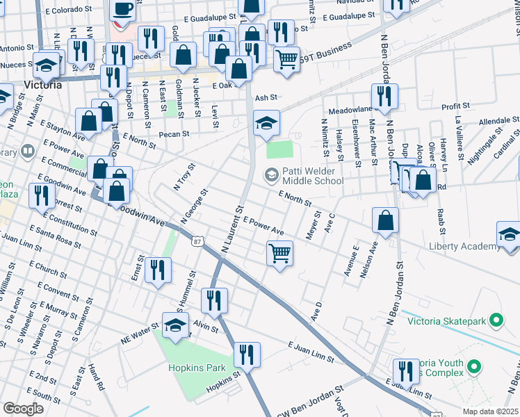 map of restaurants, bars, coffee shops, grocery stores, and more near 1513 East Stayton Avenue in Victoria