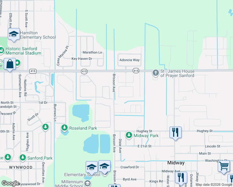 map of restaurants, bars, coffee shops, grocery stores, and more near 2567 Vineyard Circle in Sanford