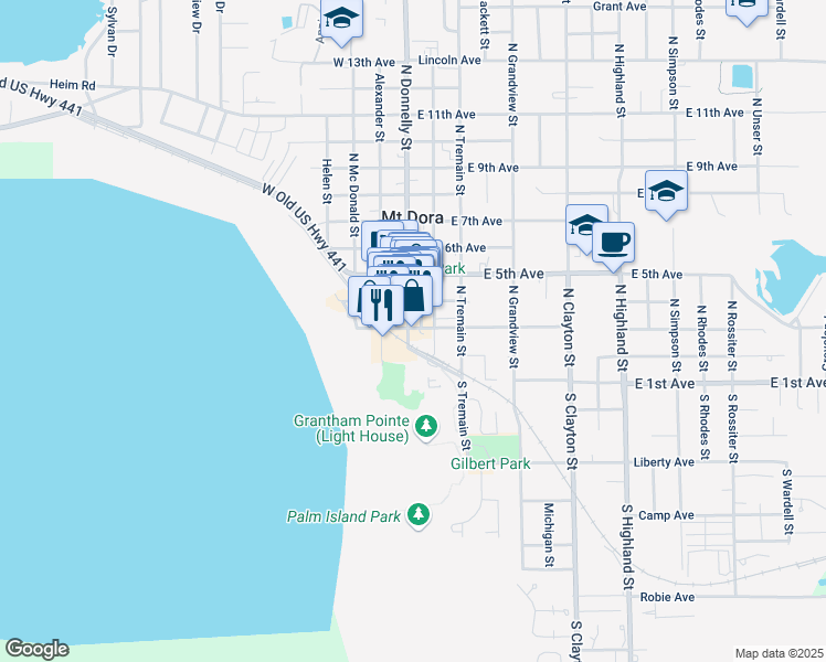 map of restaurants, bars, coffee shops, grocery stores, and more near 106 East 3rd Avenue in Mount Dora