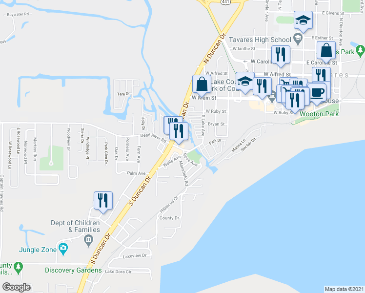 map of restaurants, bars, coffee shops, grocery stores, and more near 1012 Lake Harris Drive in Tavares