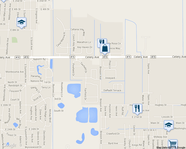 map of restaurants, bars, coffee shops, grocery stores, and more near 107 Wheatfield Circle in Sanford